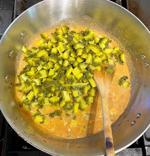 karela or bitter gourd with masala in saucepan