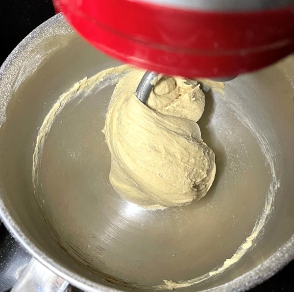 Kneaded dough in stand mixer.