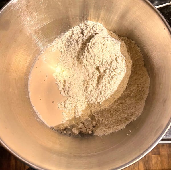Flour, salt, water and yeast in bowl