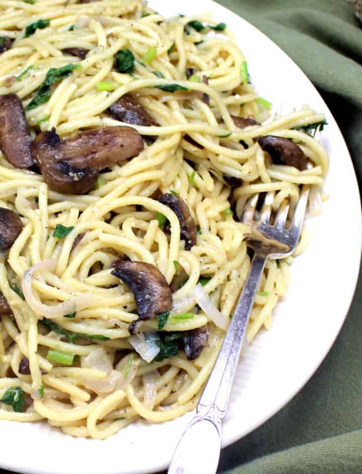 Vegan mushroom pasta in a bowl with fork.