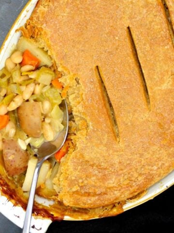 Closeup of a vegan bean and potato pie with a whole wheat crust