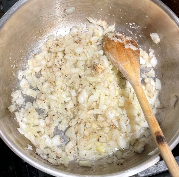 Onions in skillet with garlic.