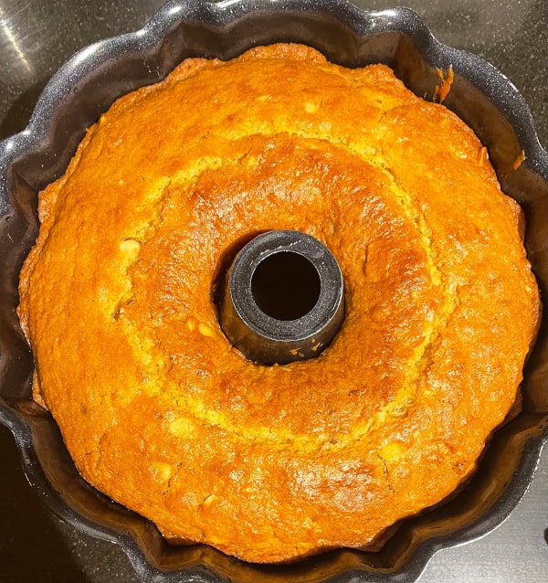 Baked cake in bundt pan.