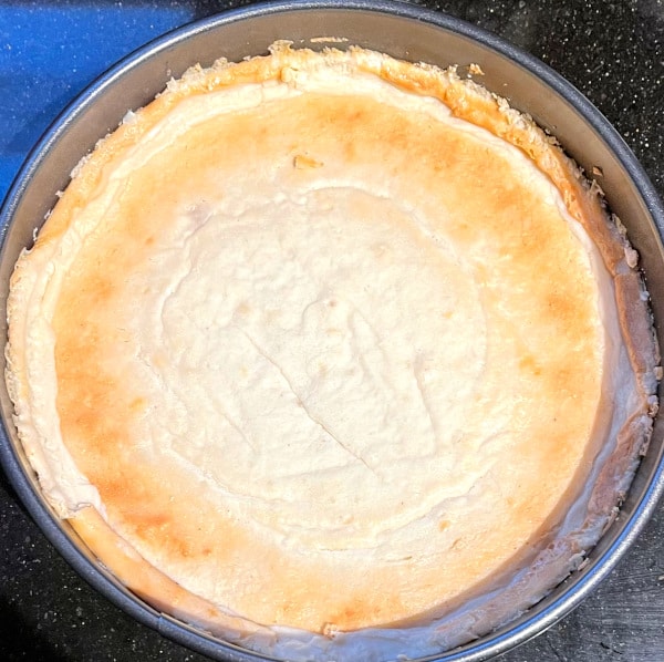 Baked vegan cheesecake in springform pan.