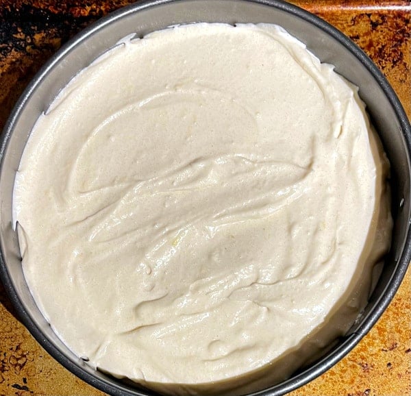 Vegan keto cheesecake batter in springform pan.