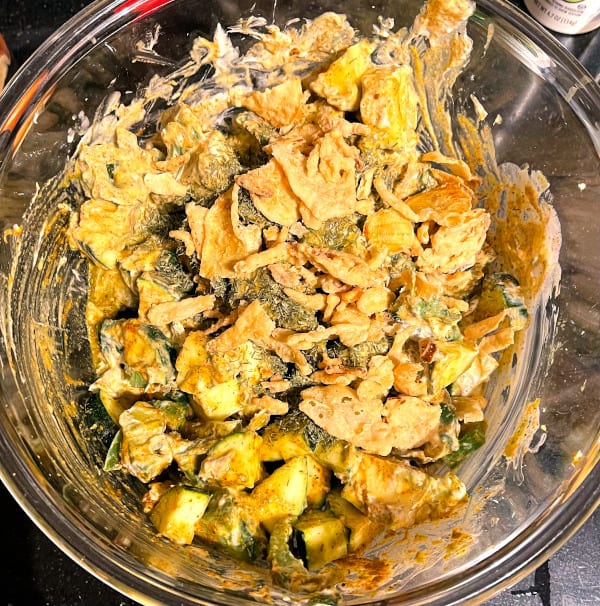 Marinated veggies in bowl.