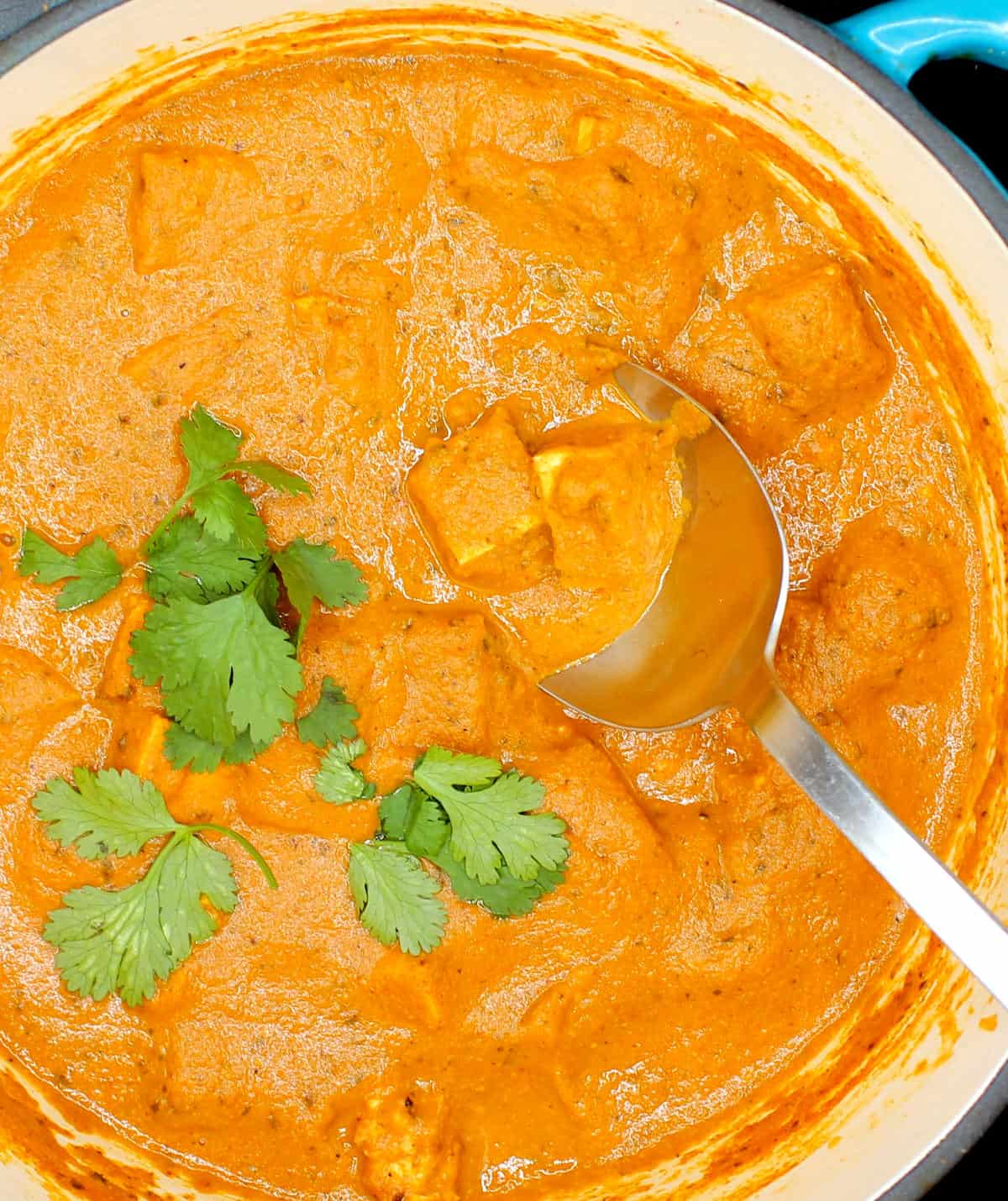 Overhead closeup photo of cubes of butter tofu in a silky vegan butter chicken gravy with a cilantro garnish.