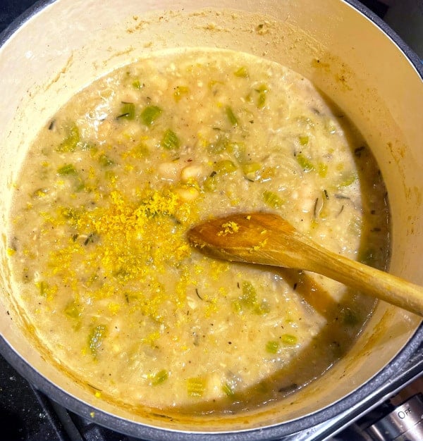 Lemon zest and juice added to soup.