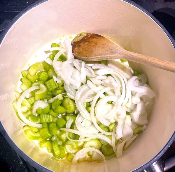 Onions and celery sauteing in the soup pot.
