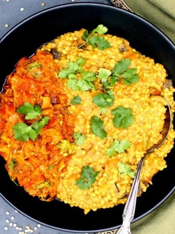 A pan of food on a plate, with Khichdi