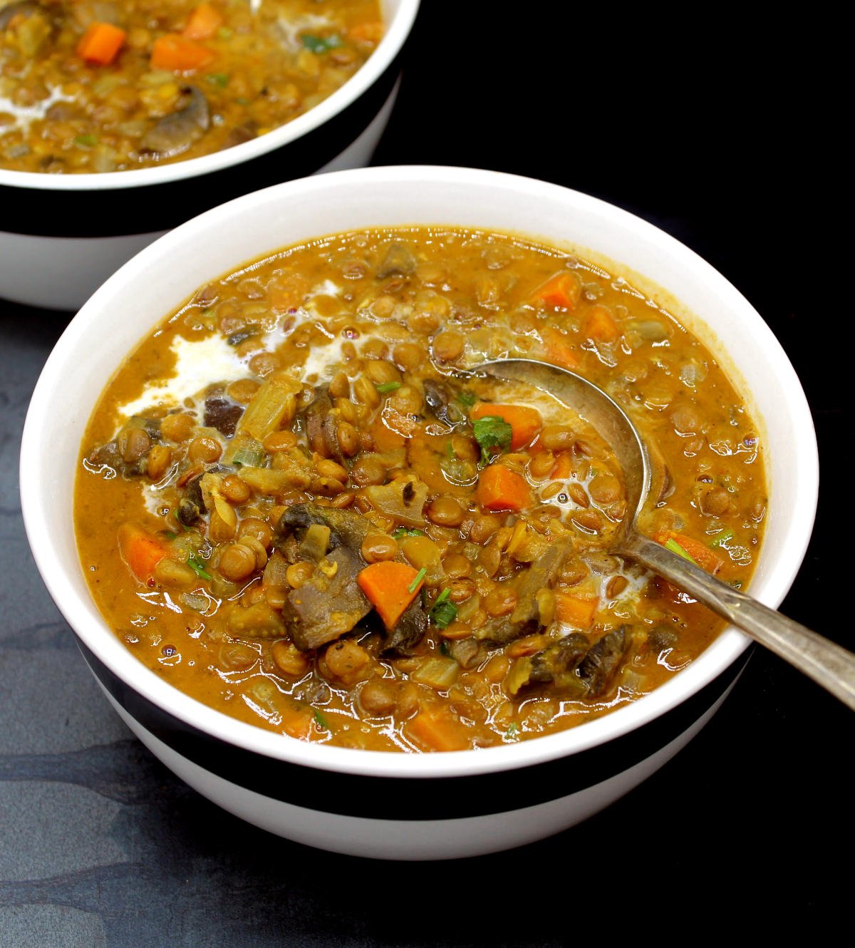 Front photo of a black and white bowl with creamy lentil soup with carrots, mushrooms, celery, onions, cilantro and brown lentils.