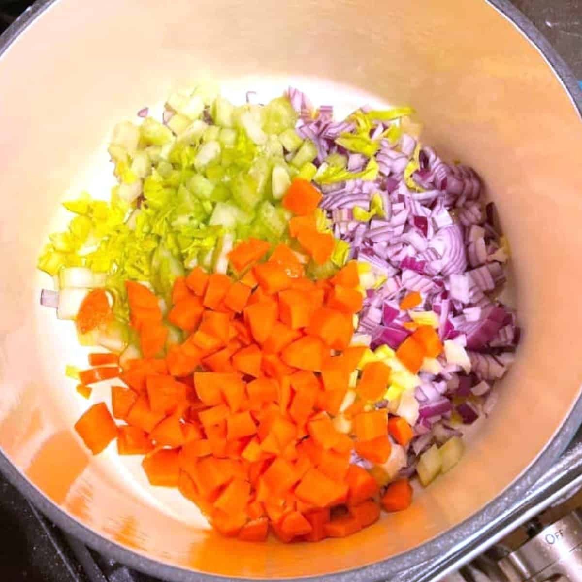 Vegetables in pot for lentil soup.