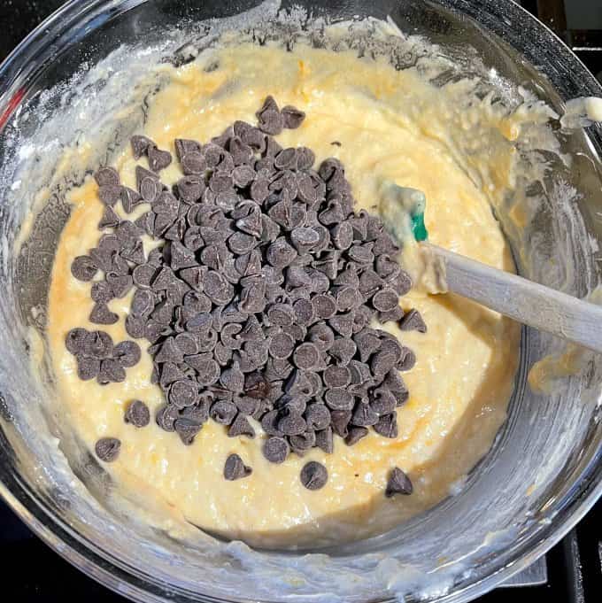 Chocolate chips added to batter for muffins.