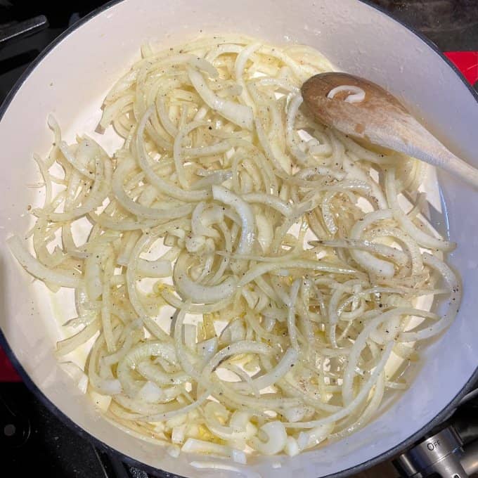 Onions sauteing for tofu casserole.