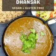 Overhead shot of dhansak with text inlay that says "parsi vegetable dhansak, vegan plus gluten-free"