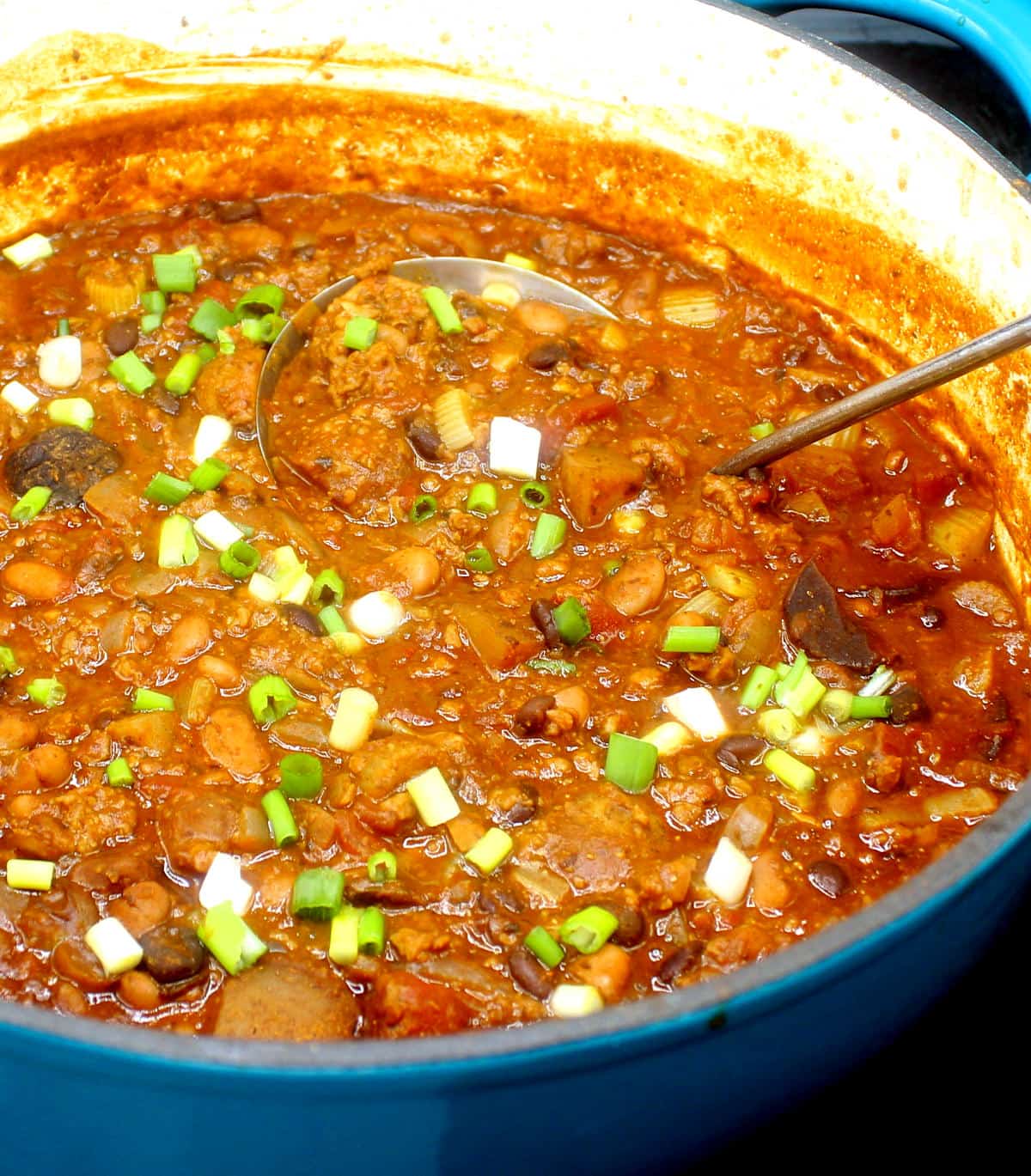 Front closeup photo of a pot of vegan chili with scallions and a ladle in it.