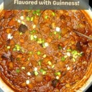 Overhead photo of vegan Irish Chili with text inlay that says "vegan Irish Chili, flavored with Guinness!"
