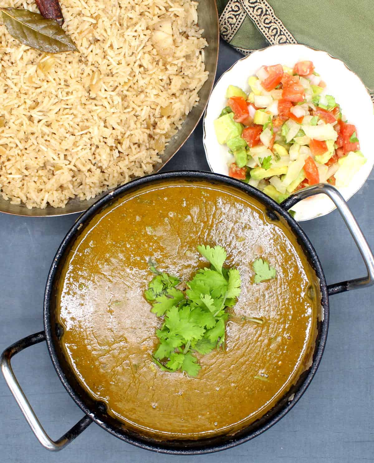 Photo of Kachumber salad served with Parsi brown rice and dhansak.