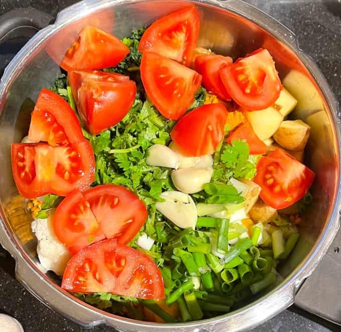 Tomatoes, garlic and cilantro in pot.