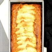 Vegan pear bread with text inlay that says "vegan pear bread, moist, luscious, delicious"