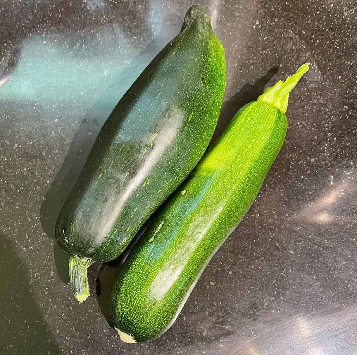 Two freshly picked zucchini.