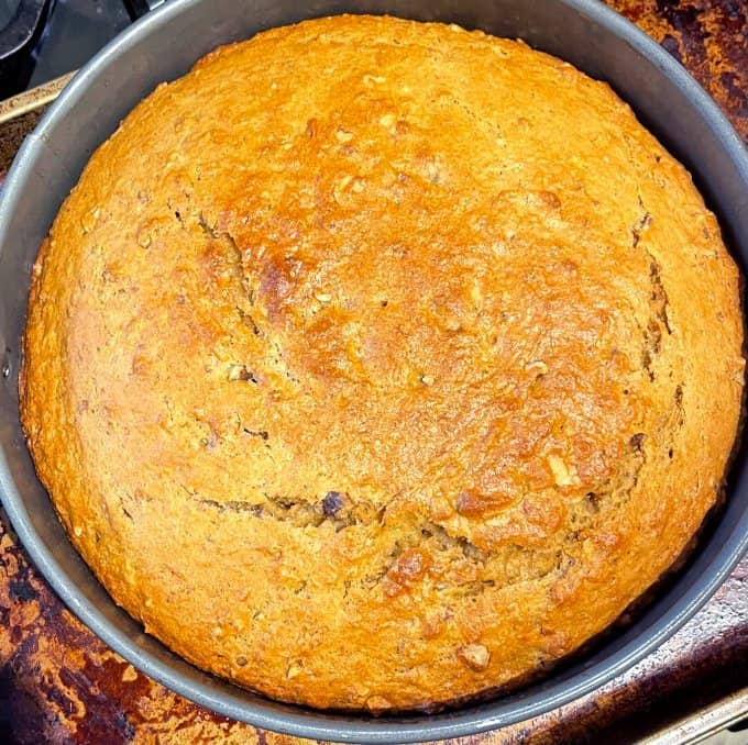 Cake baked in cake pan.