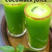 Two glasses of cucumber juice with text inlay that says, detoxing, hydrating cucumber juice.