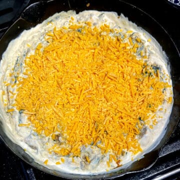Cheddar cheese sprinkled atop the casserole.