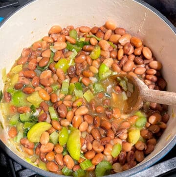 Beans and water added to dutch oven.