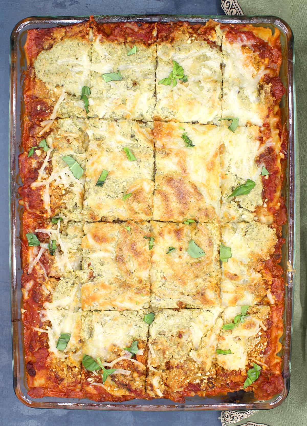Vegan lasagna in baking dish.