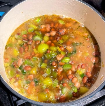 Tomatillo bean stew cooking in dutch oven.