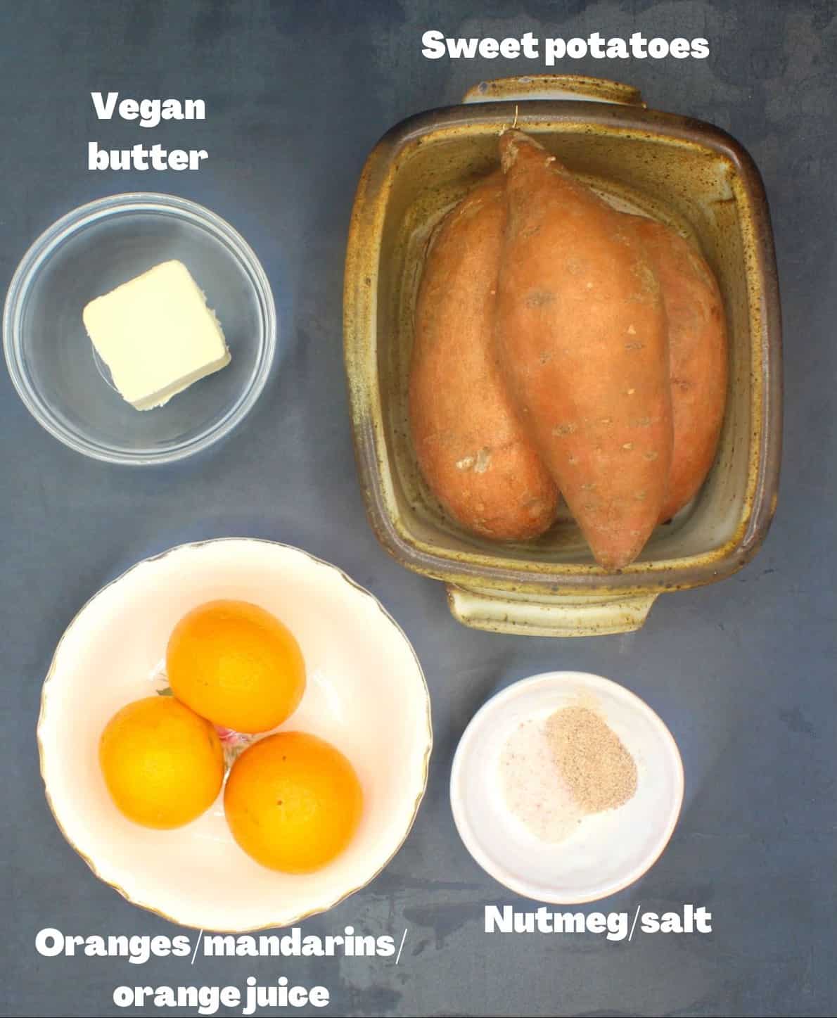 Ingredients for vegan mashed sweet potatoes in bowls.