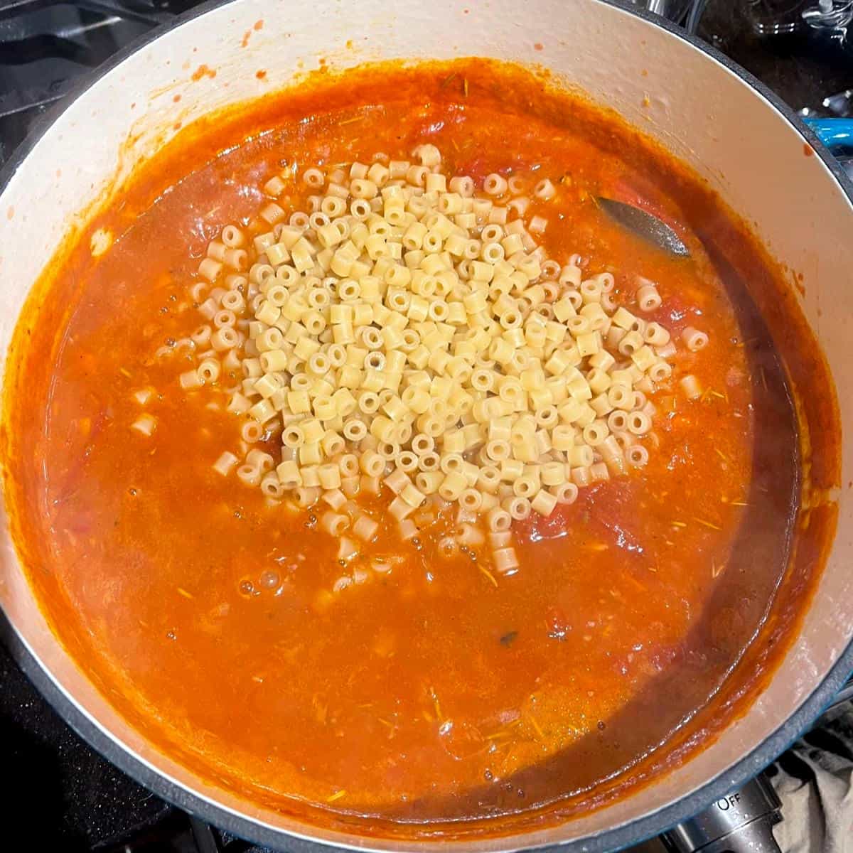 Ditalini pasta added to tomato and stock in soup.