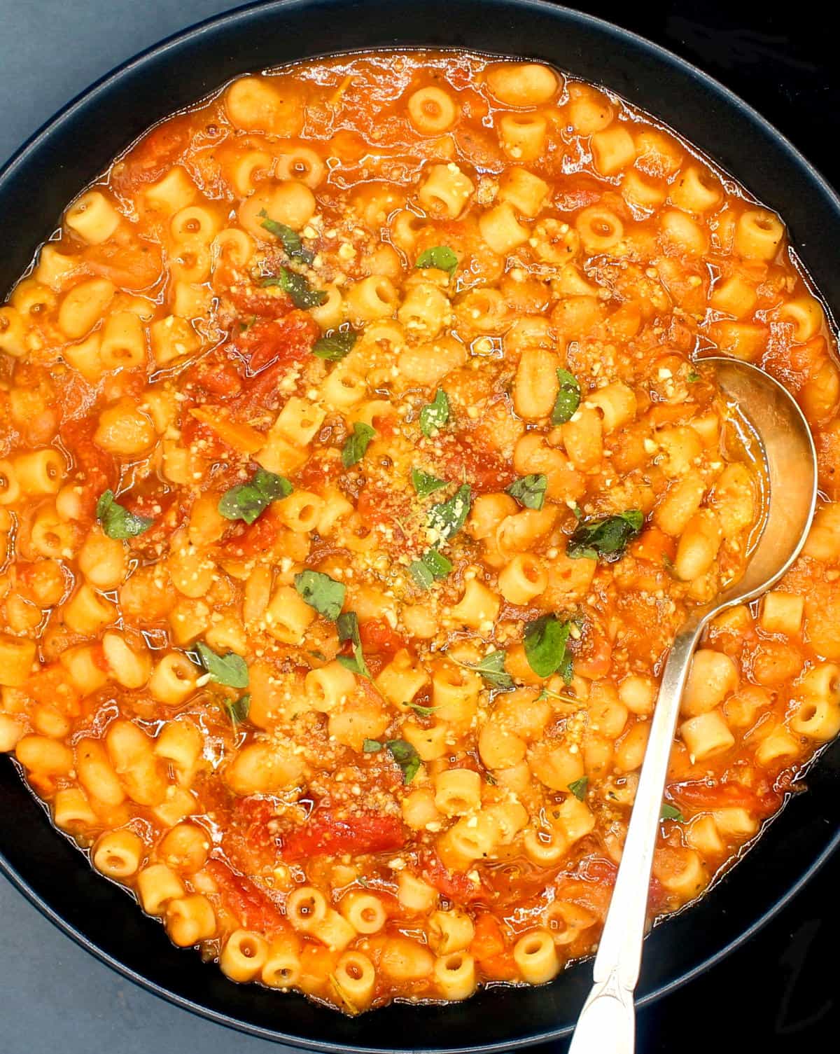 A bowl of vegan pasta fagioli or pasta fazool soup.