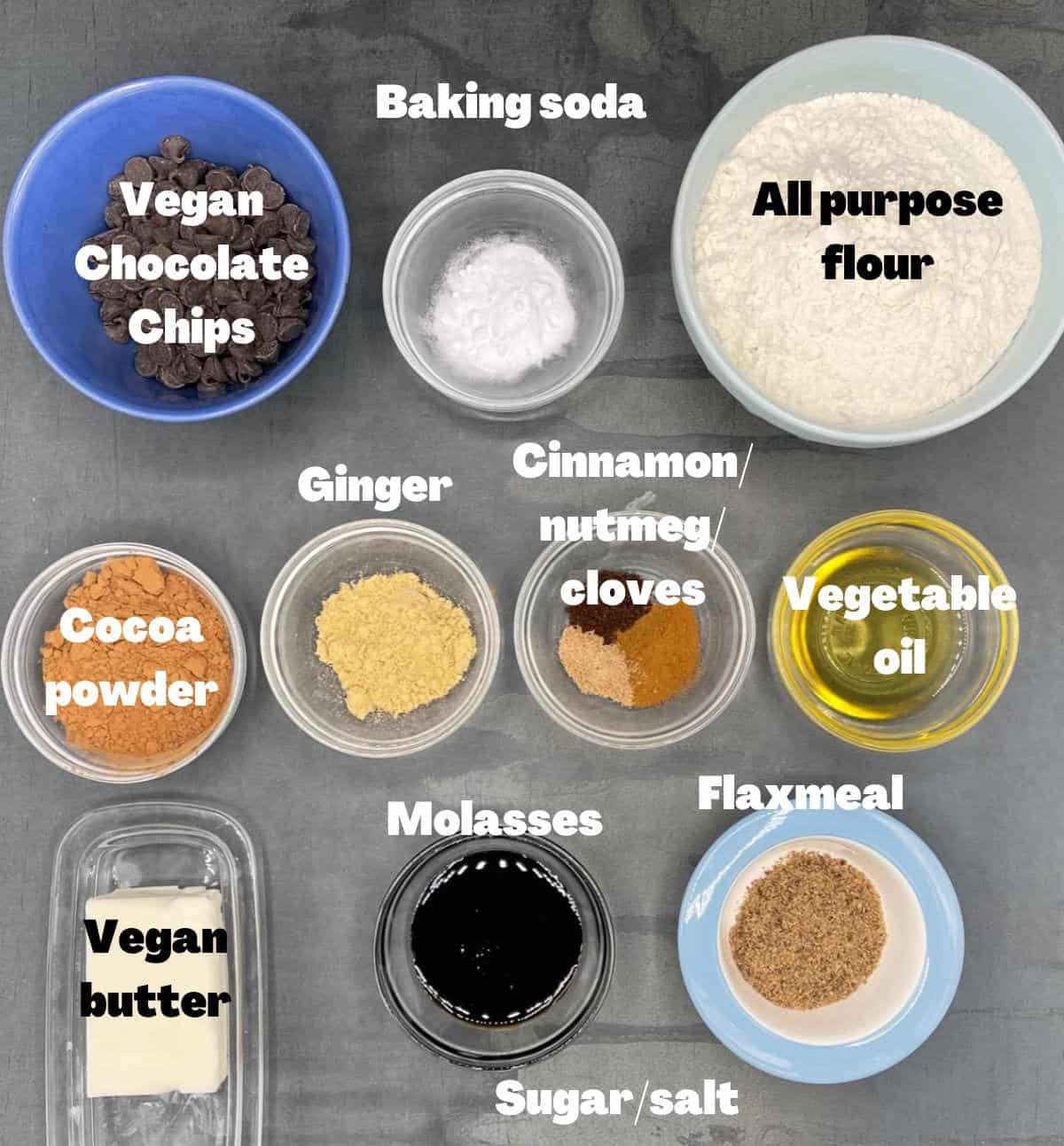 Ingredients for chocolate gingerbread cookies.