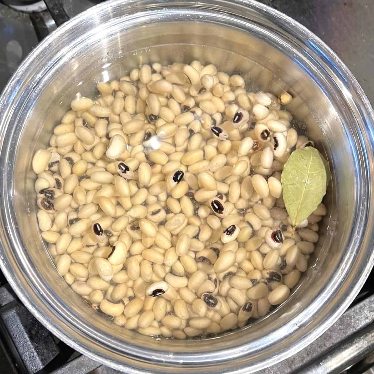 Black-eyed peas in saucepan with water and bay leaf.