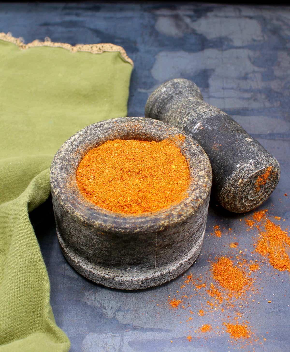 Ethiopian berbere spice in mortar and pestle.