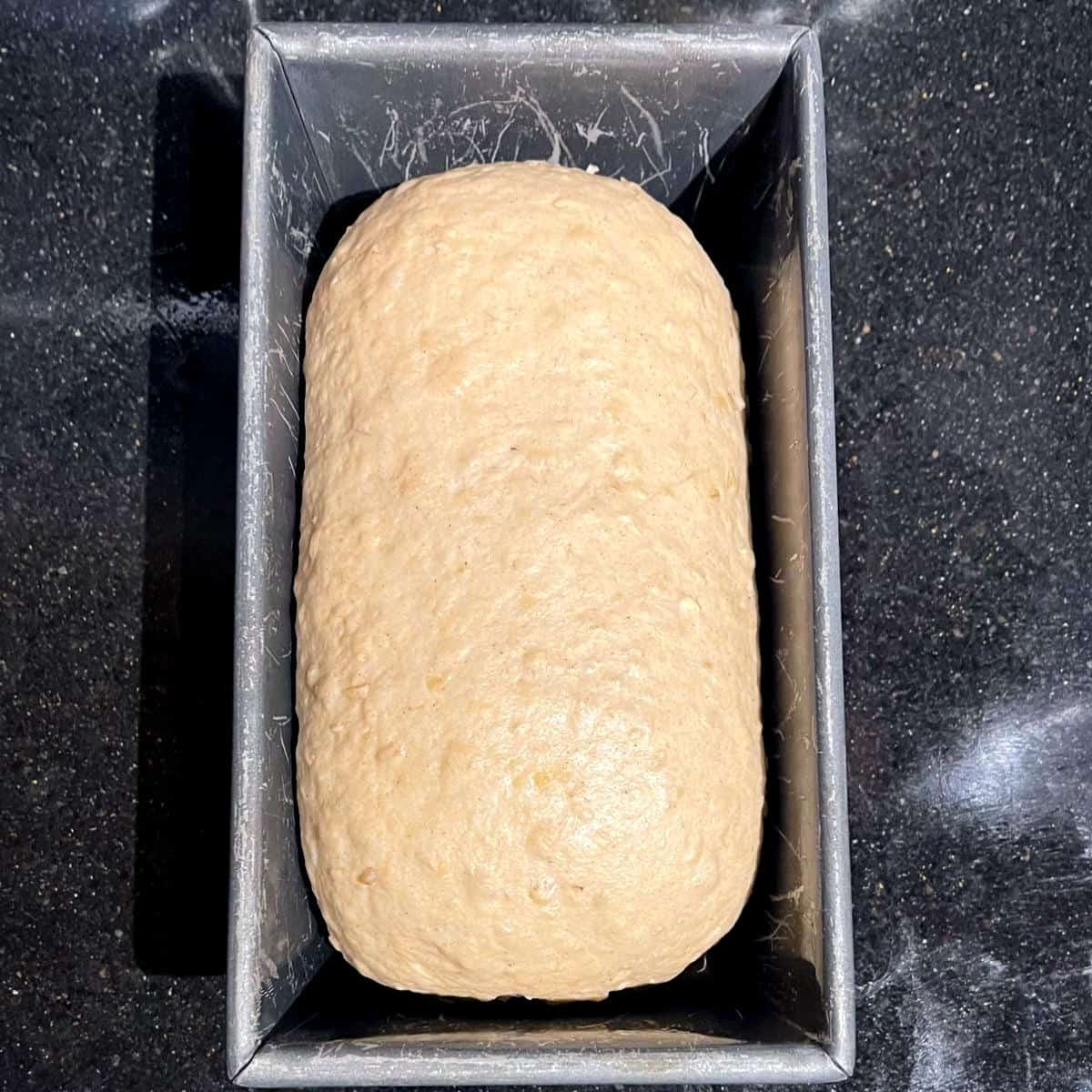 Dough in loaf pan.