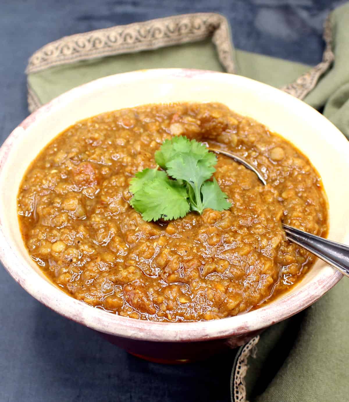 Ethiopian lentil stew in bowl with cilantro and spoon.