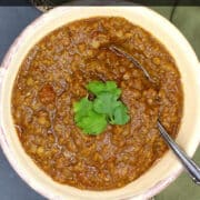 Lentil stew in bowl with text that says "Ethiopian lentil stew".
