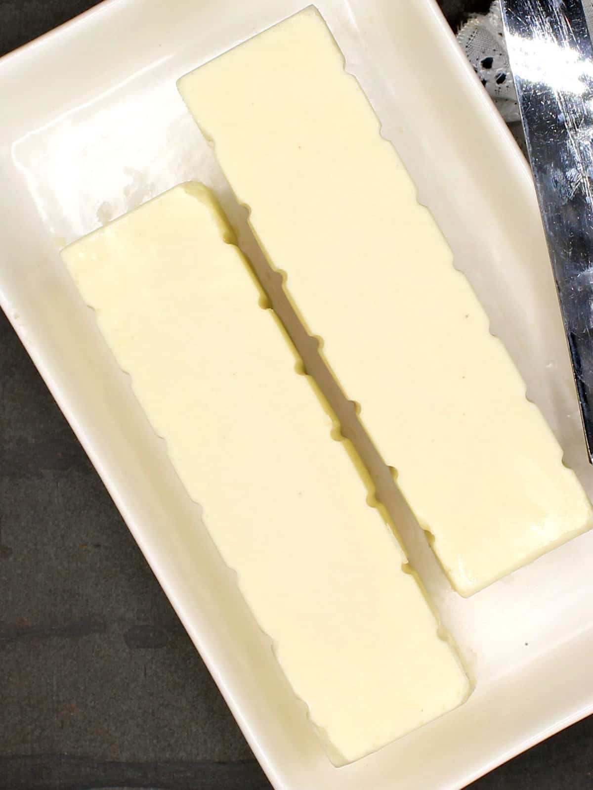 Vegan butter sticks to butter dishes.