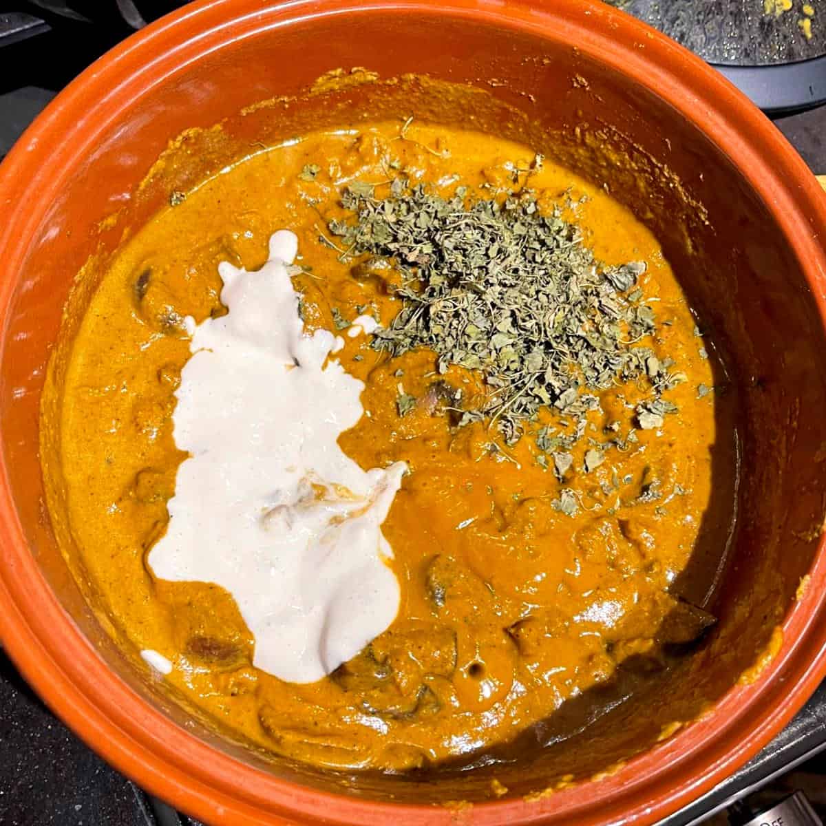 Coconut milk and kasoori methi added to seitan curry.