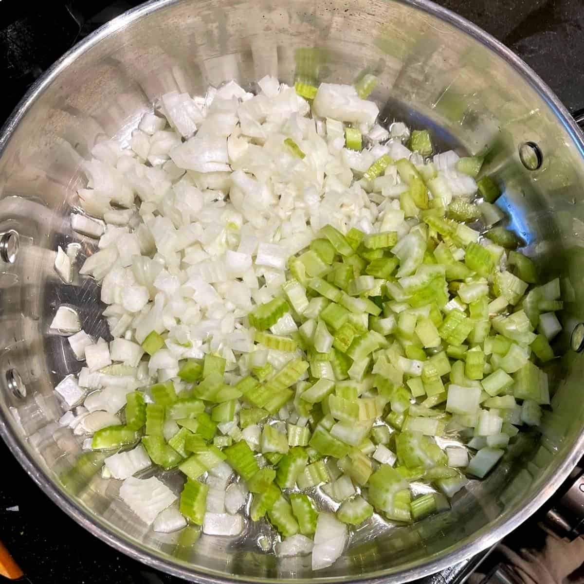 Celery and onions in skillet.