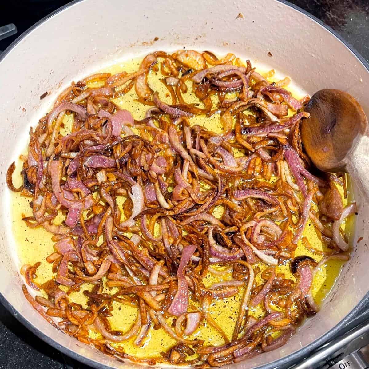 Onions caramelized for mujaddara.
