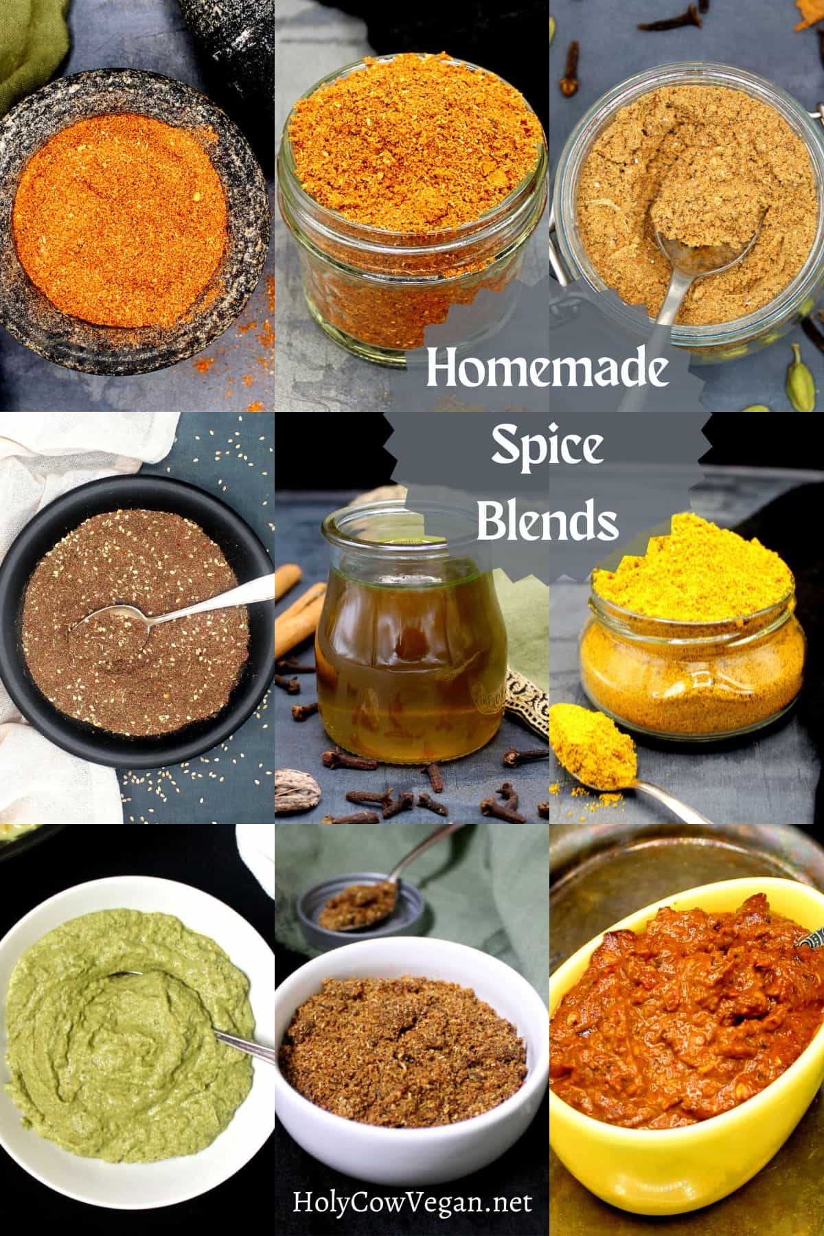 Image of nine spice blends in a grid with text that says "homemade spice blends".