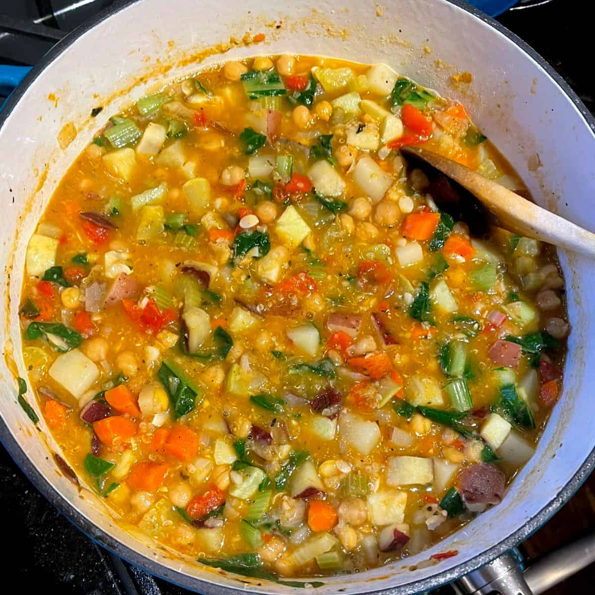 Vegetable stew in final stages of cooking.