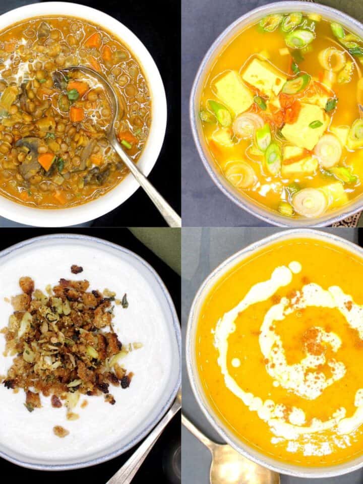 Images of four vegan soups, including lentil soup, miso soup, cauliflower soup and butternut squash soup.