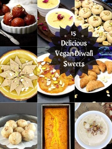 Images of vegan Indian sweets with text that says "15 delicious Diwali sweets."