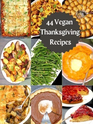 Nine images of Thanksgiving recipes with text that says "44 vegan Thanksgiving recipes."