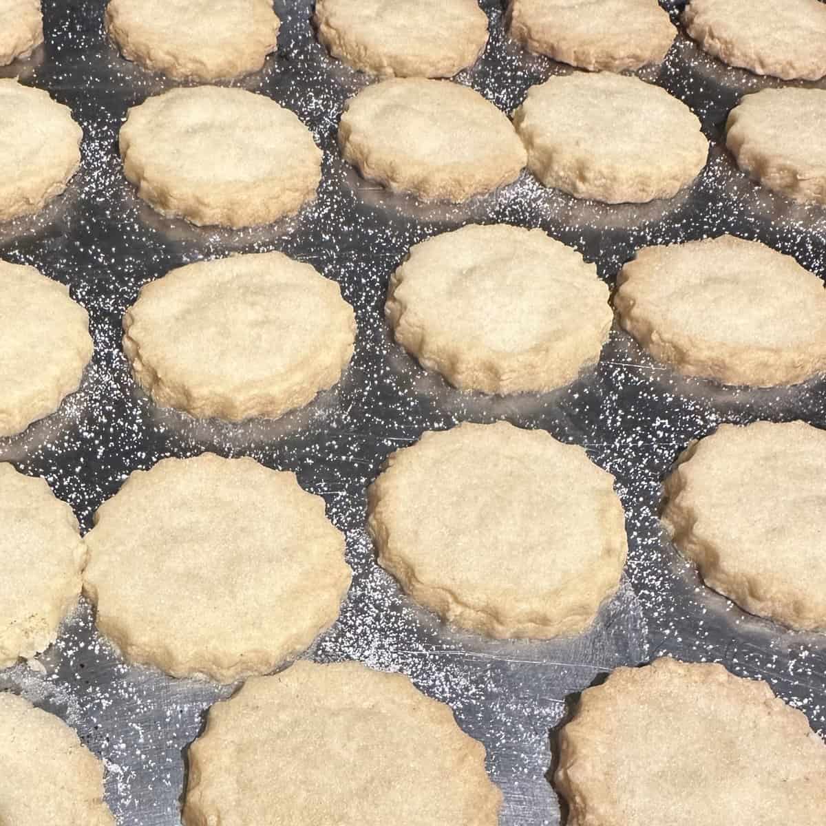 Vegan sable cookies after baking on cookie sheet.